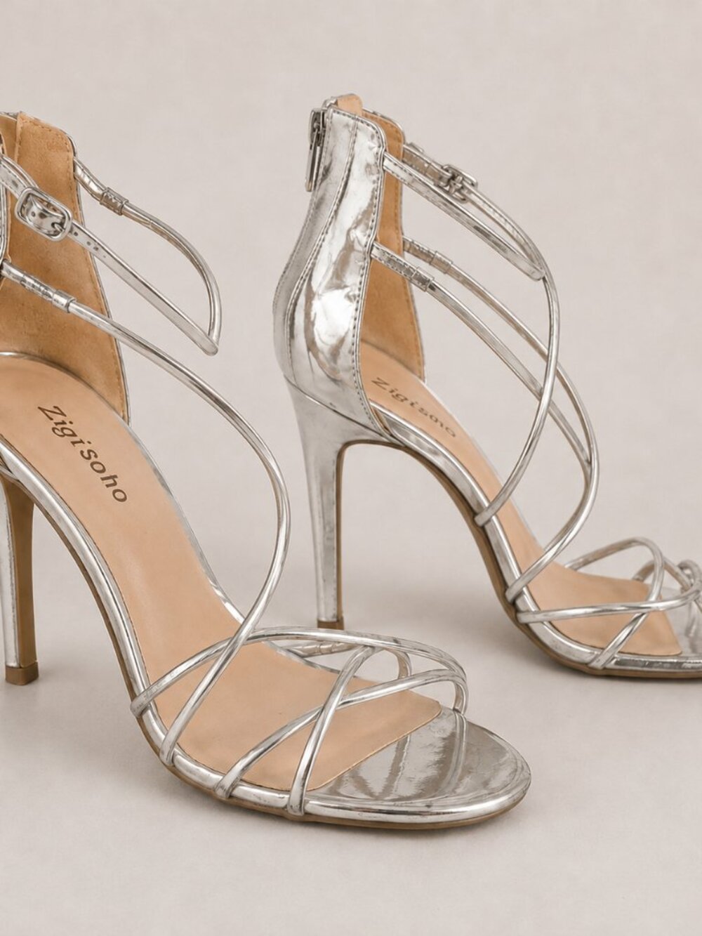 Zigi Soho Blaker metallic silver strappy stiletto sandals in women’s US size 10.